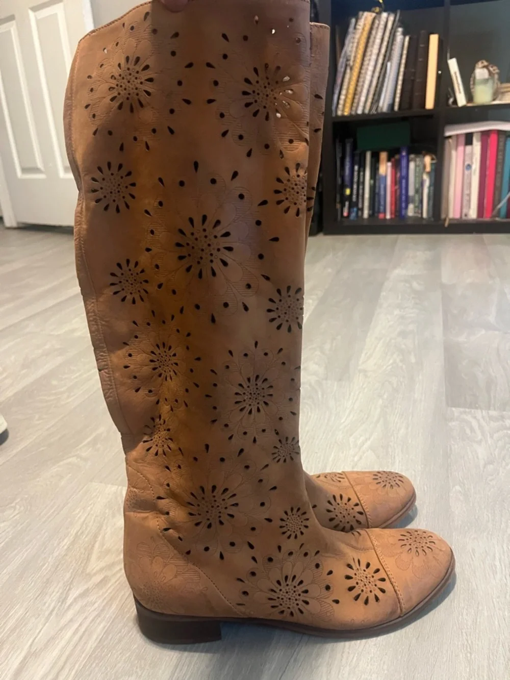 Over-the-Knee Perforated Floral Tan Boots‎